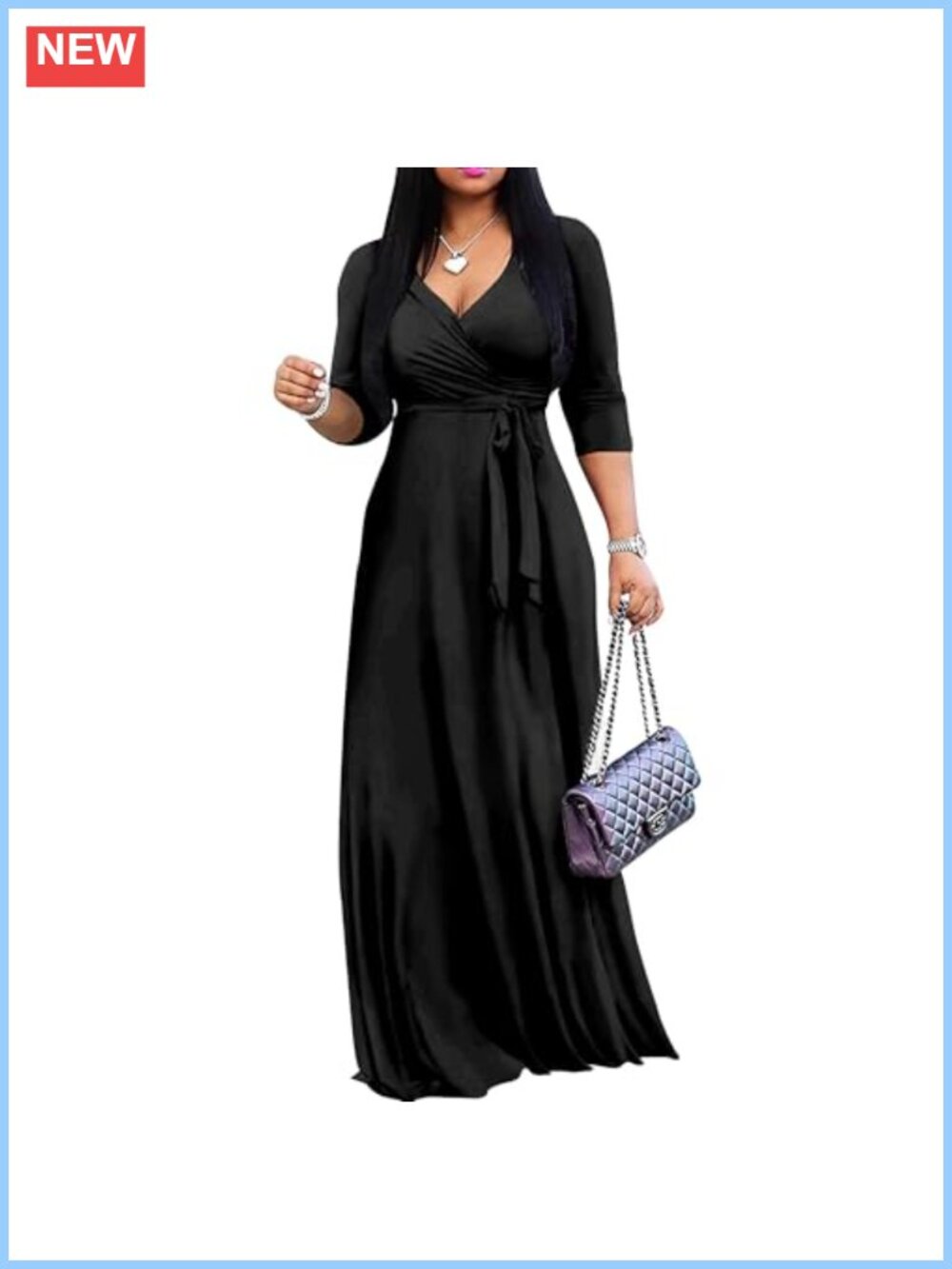 Women's Plus Size Maxi Wrap Dress 3/4 Sleeve V-Neck Sundress Belted Summer